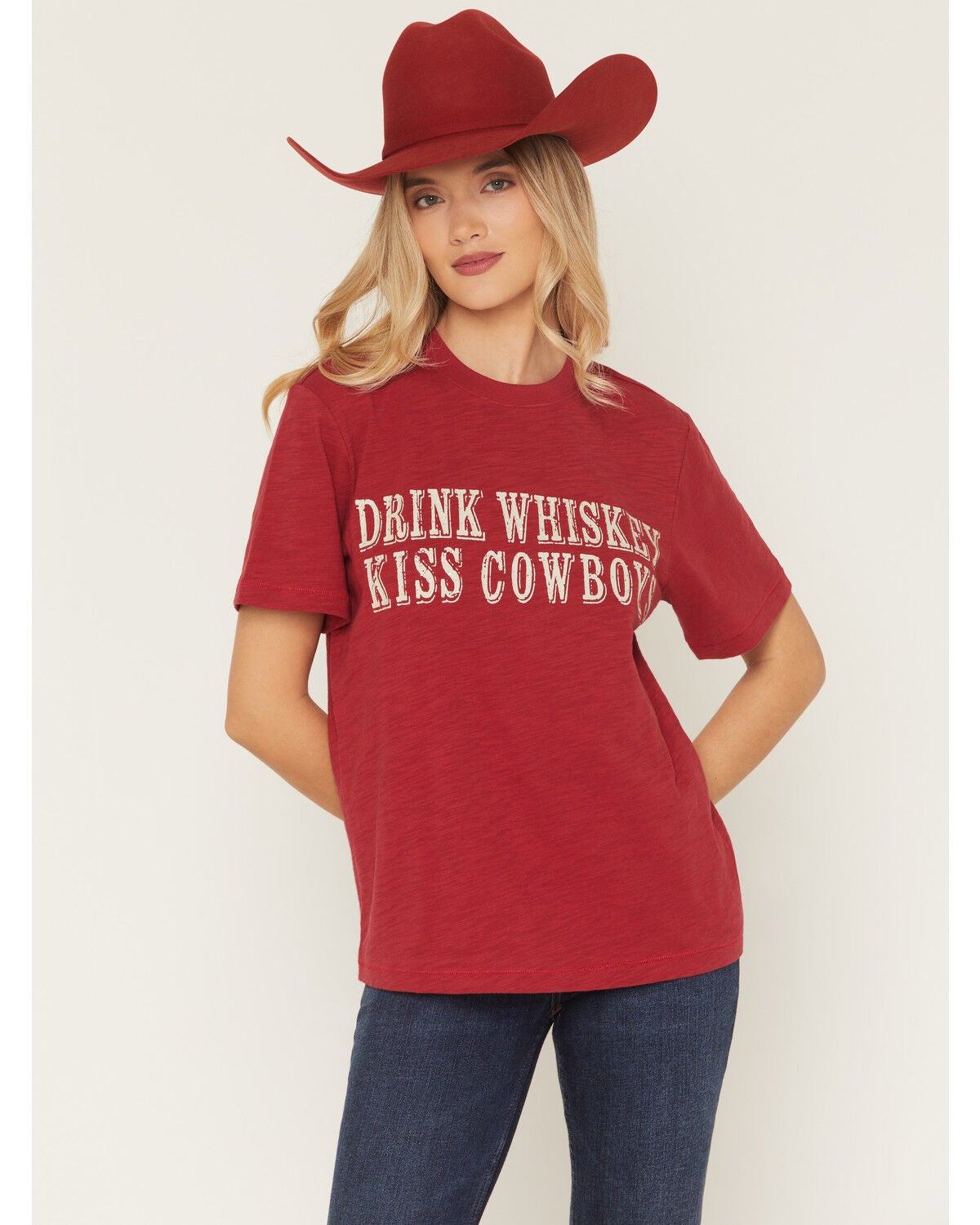 Shyanne Women's Drink Whiskey Kiss Cowboys Short Sleeve Graphic Tee, Burgundy, hi-res