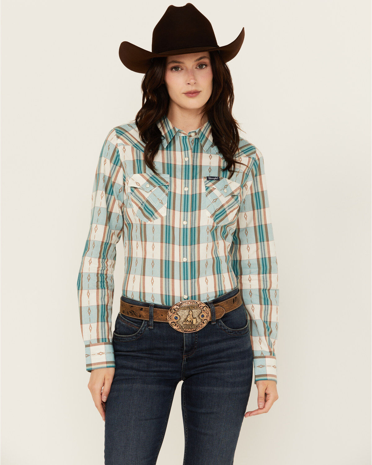 Wrangler Retro Women's Plaid Print Long Sleeve Snap Western Shirt, Teal, hi-res