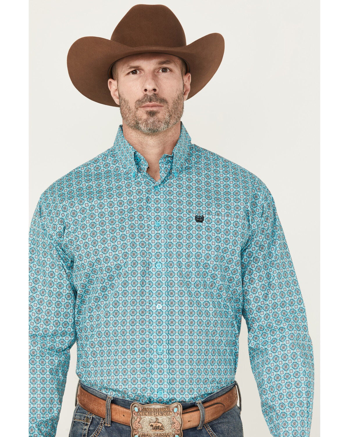 Cinch Men's Geo Print Long Sleeve Button-Down Stretch Western Shirt, Turquoise, hi-res