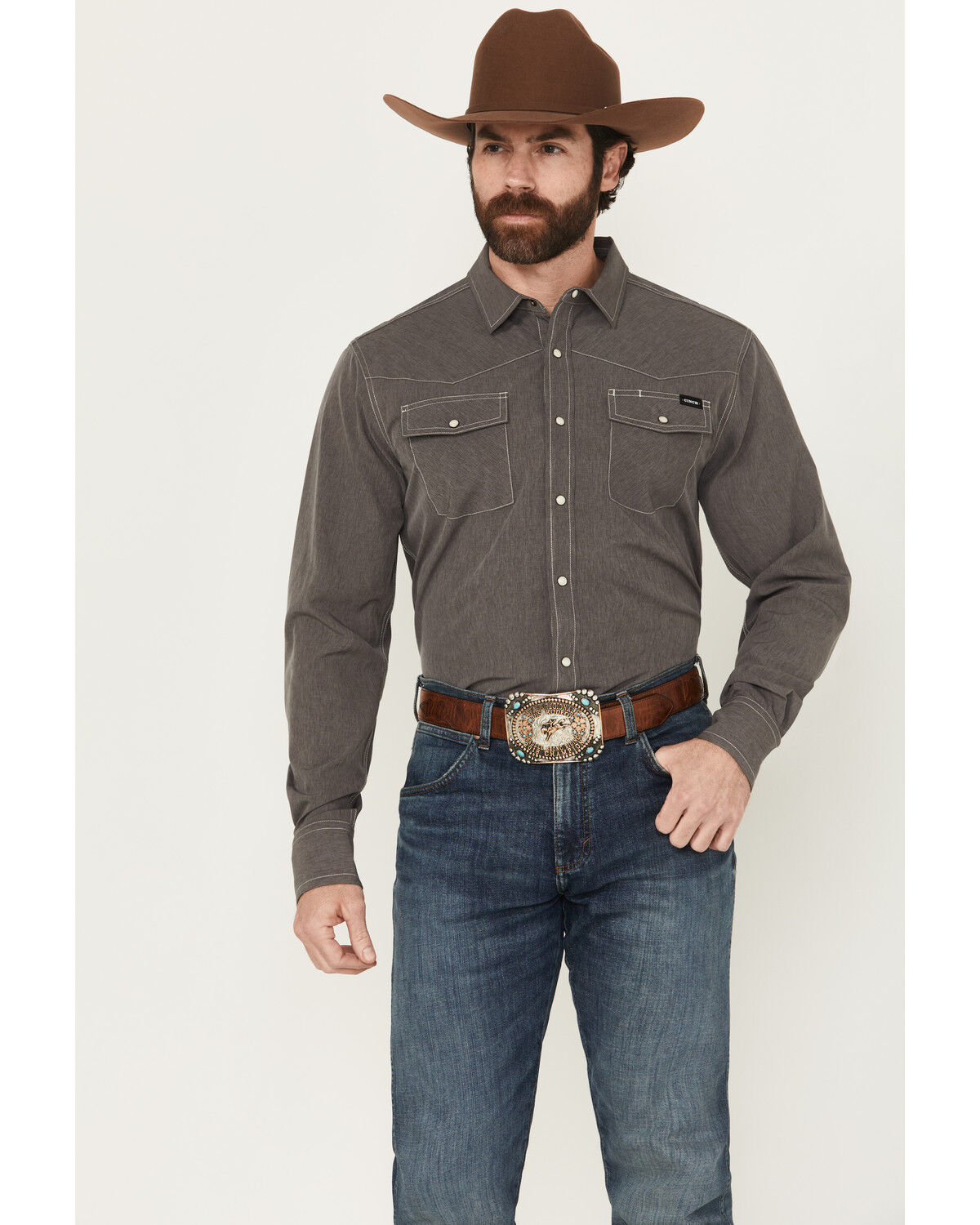 Image #1 - Cinch Men's Solid Long Sleeve Snap Performance Western Shirt, Charcoal, hi-res