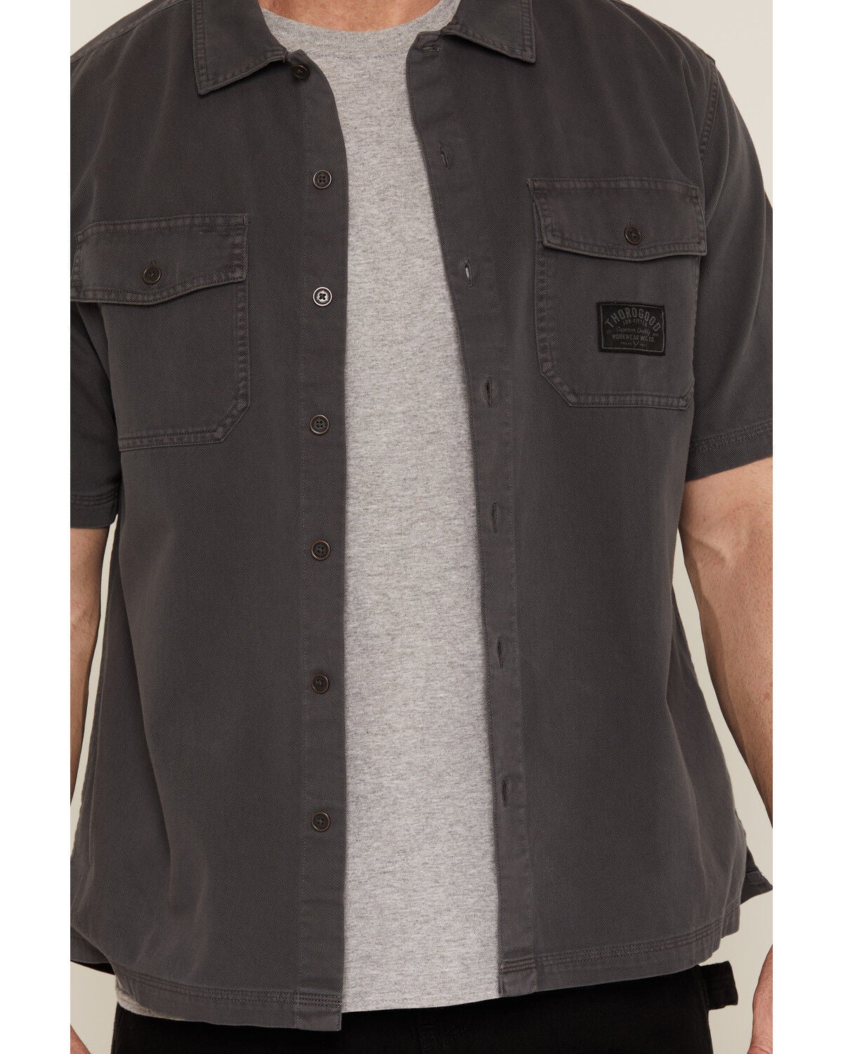 Image #3 - Thorogood Men's Solid Washed Garage Short Sleeve Button-Down Shirt, Charcoal, hi-res