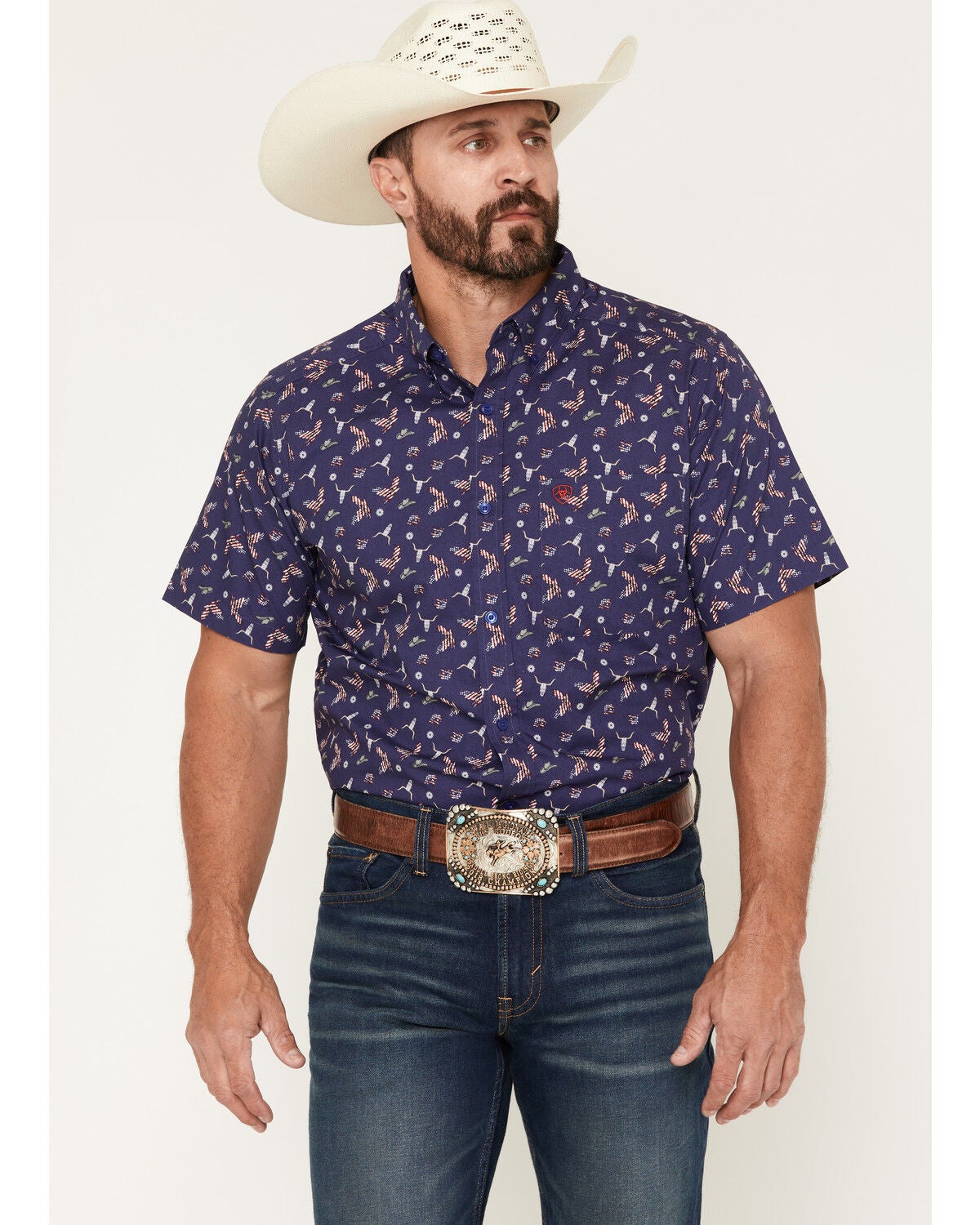 Ariat Men's Berne Americana Print Short Sleeve Button-Down Shirt, Blue, hi-res