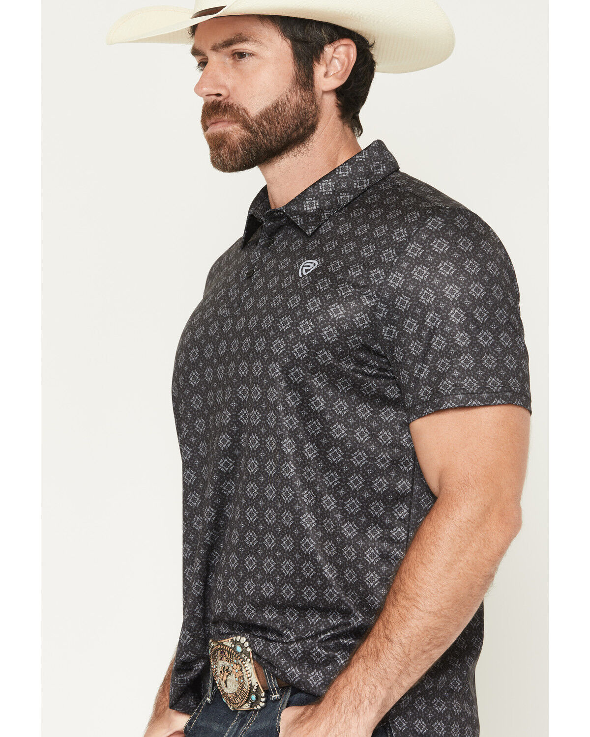 Image #2 - Rock & Roll Denim Men's Medallion Print Short Sleeve Button-Down Stretch Polo Shirt, Black, hi-res