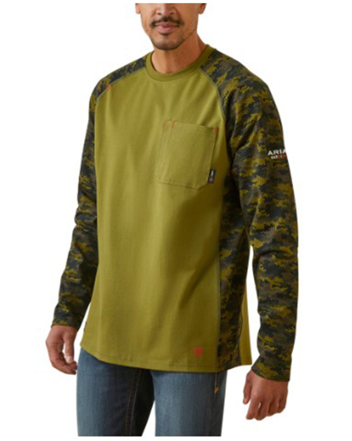 Ariat Men's FR Stretch Camo Print Long Sleeve Baseball Work Shirt, Green, hi-res