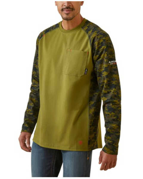 Ariat Men's FR Stretch Camo Print Long Sleeve Baseball Work Shirt , Green, hi-res