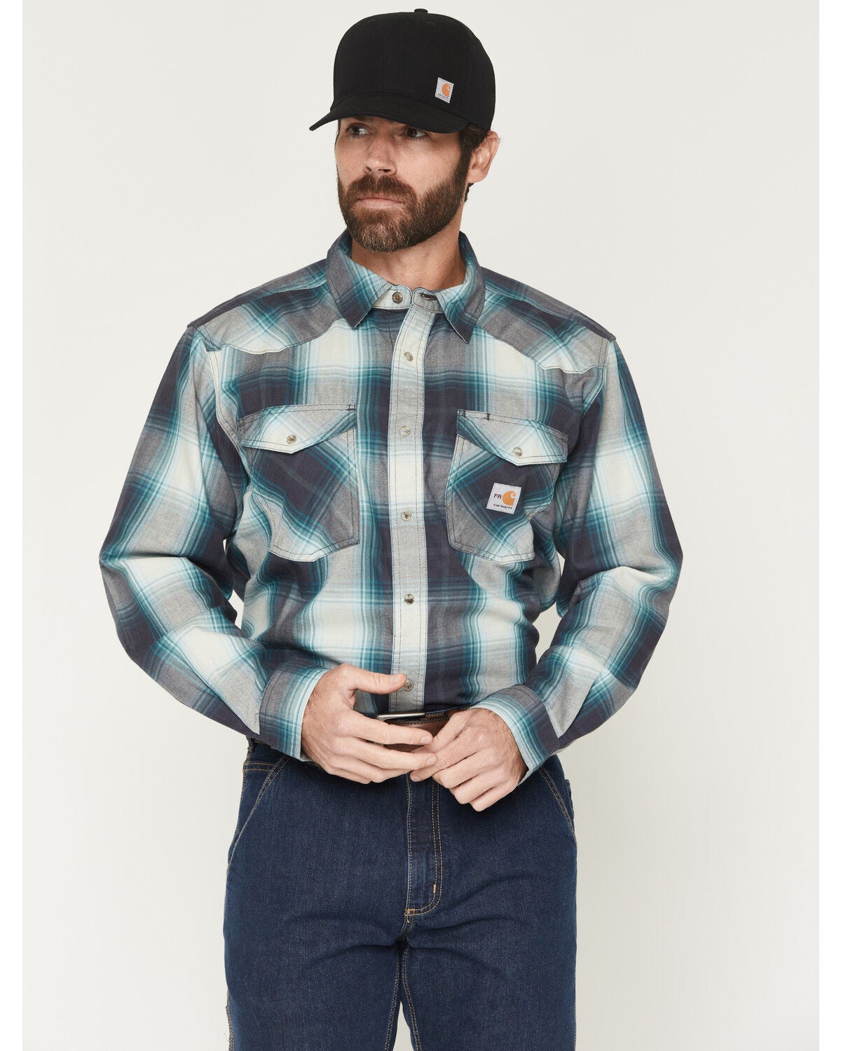 Image #1 - Carhartt Men's FR Montana Plaid Print Relaxed Fit Midweight Twill Long Sleeve Snap Work Shirt, Navy, hi-res