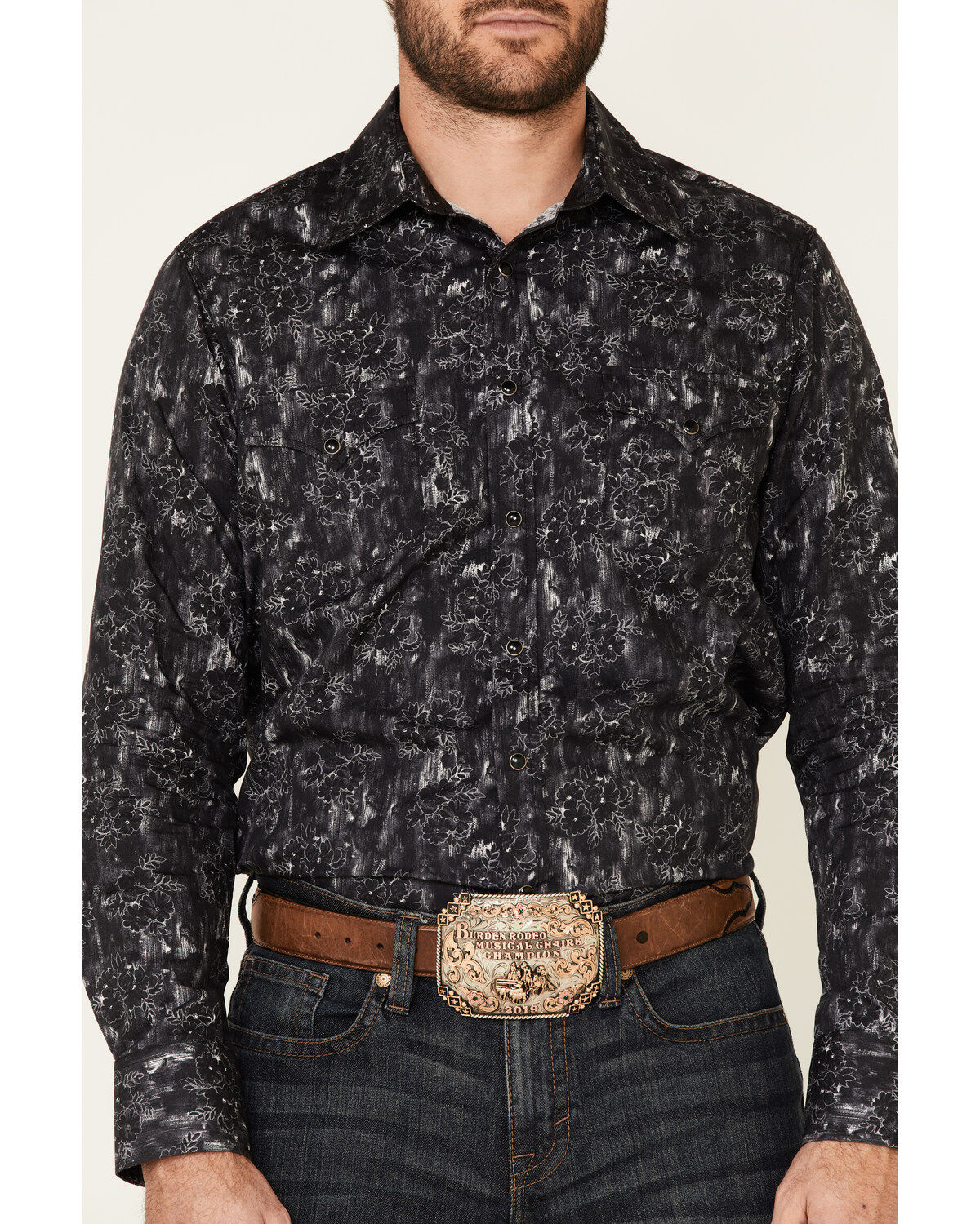 Image #3 - Rock & Roll Denim Men's Charcoal Floral Print Long Sleeve Western Shirt, Charcoal, hi-res