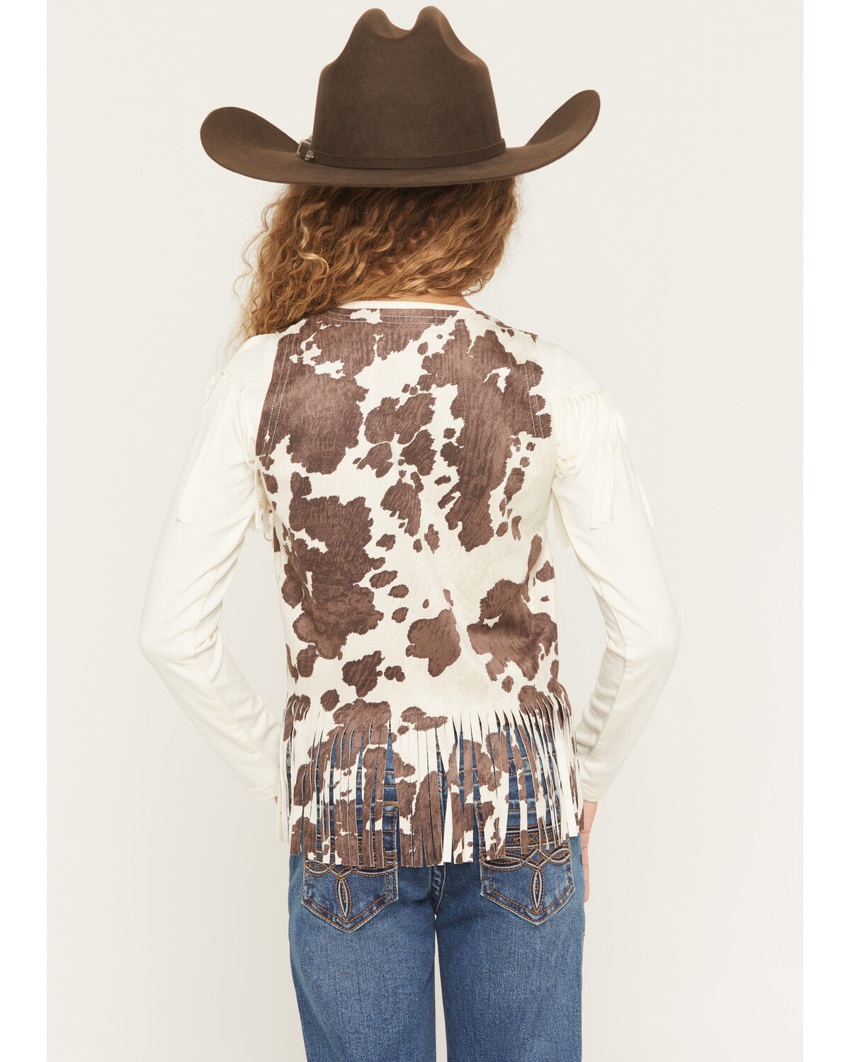 Image #4 - Shyanne Girls' Cora Cow Print Faux Suede Tie Vest, Brown, hi-res