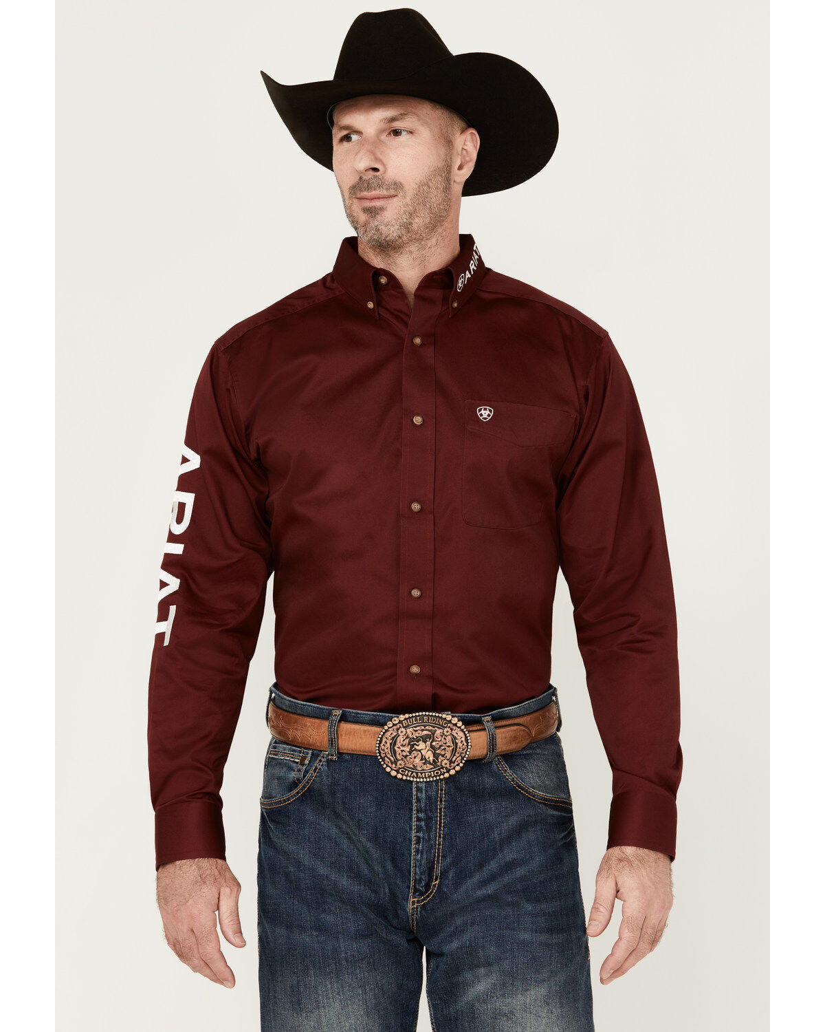 Image #2 - Ariat Men's Team Logo Twill Fitted Long Sleeve Button-Down Western Shirt, Burgundy, hi-res