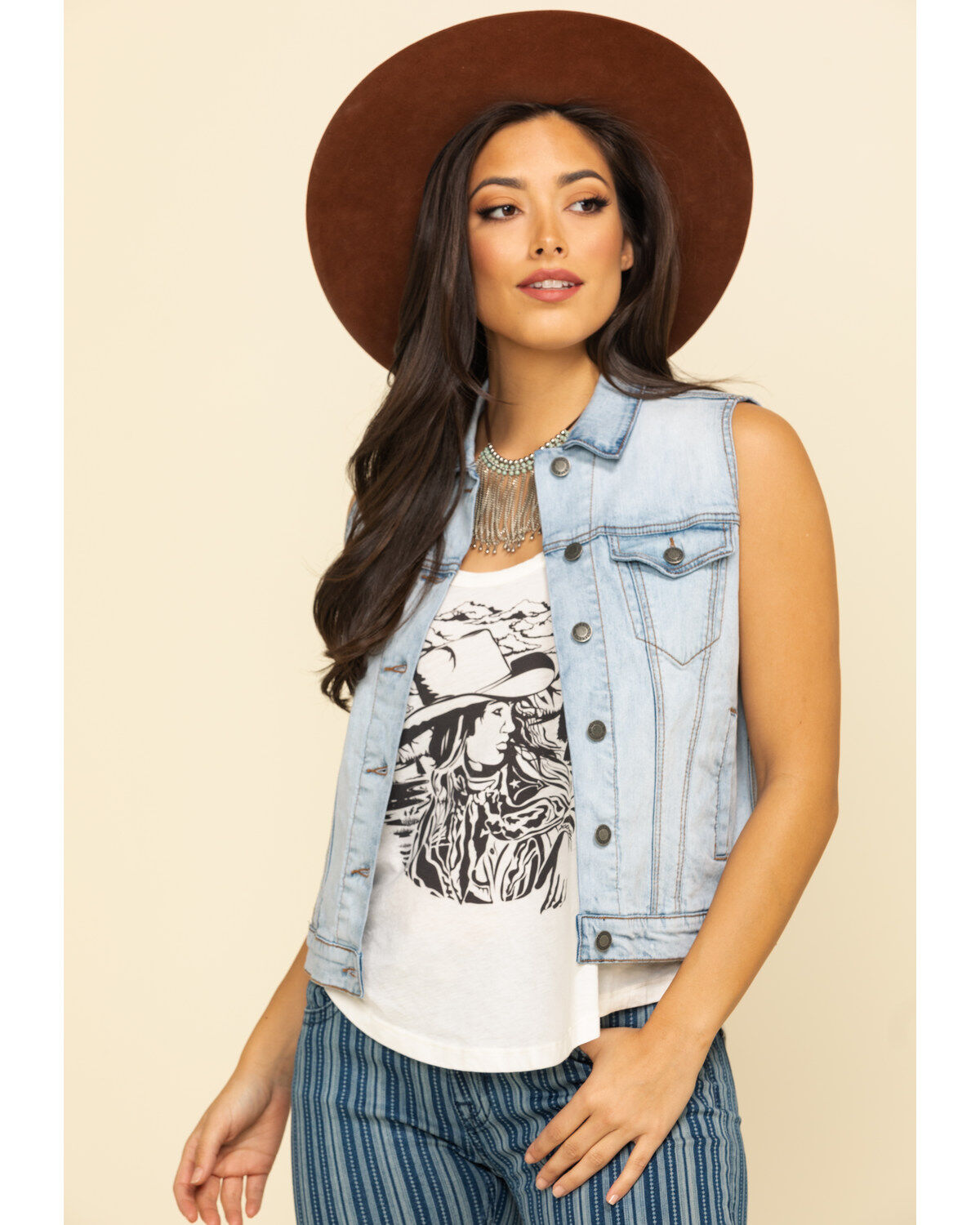 Image #1 - Stetson Women's Light Denim Horseshoe Vest, , hi-res