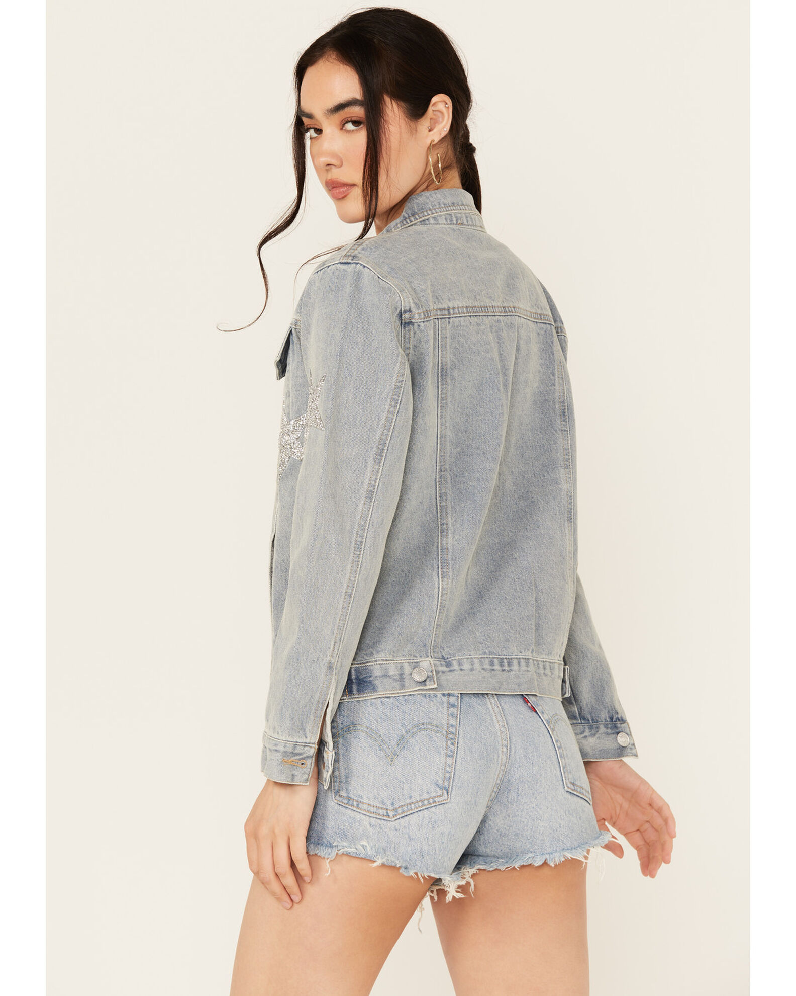 Product Name: Blue B Women's Light Wash Embellished Star Button-Down Denim  Jacket