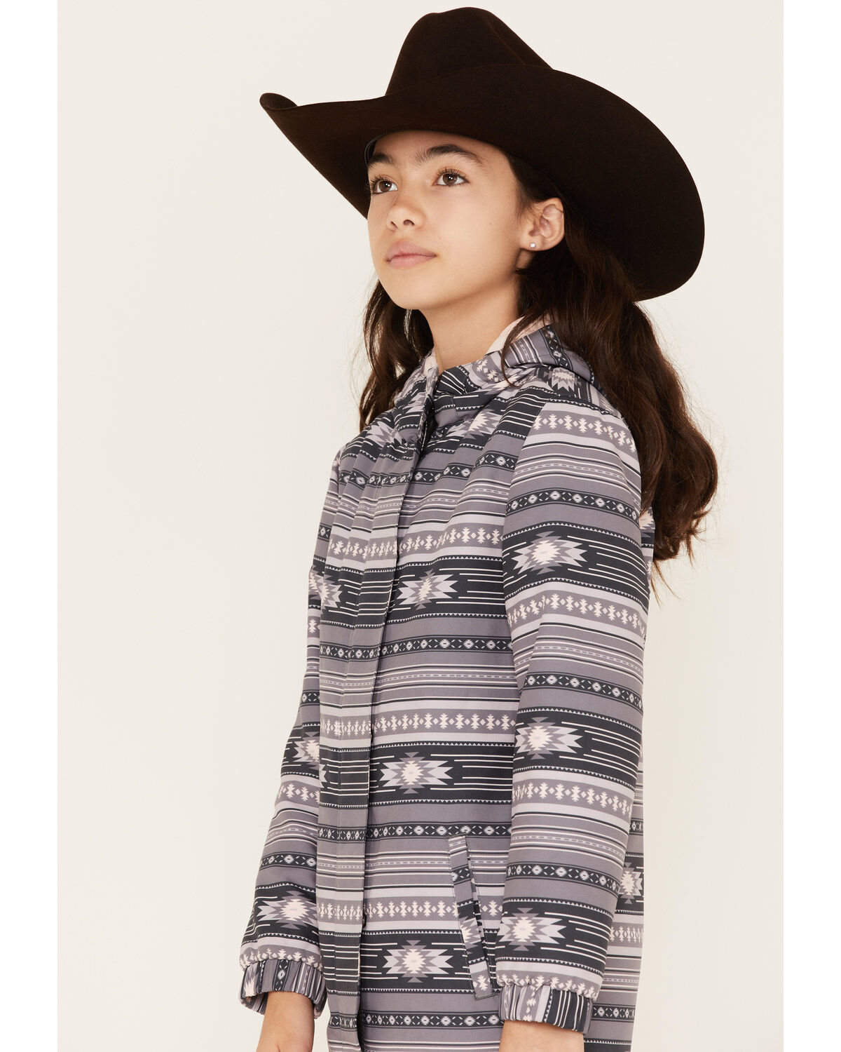 Image #2 - Cruel Girl Girls' Southwestern Stripe Softshell Hooded Jacket, Grey, hi-res