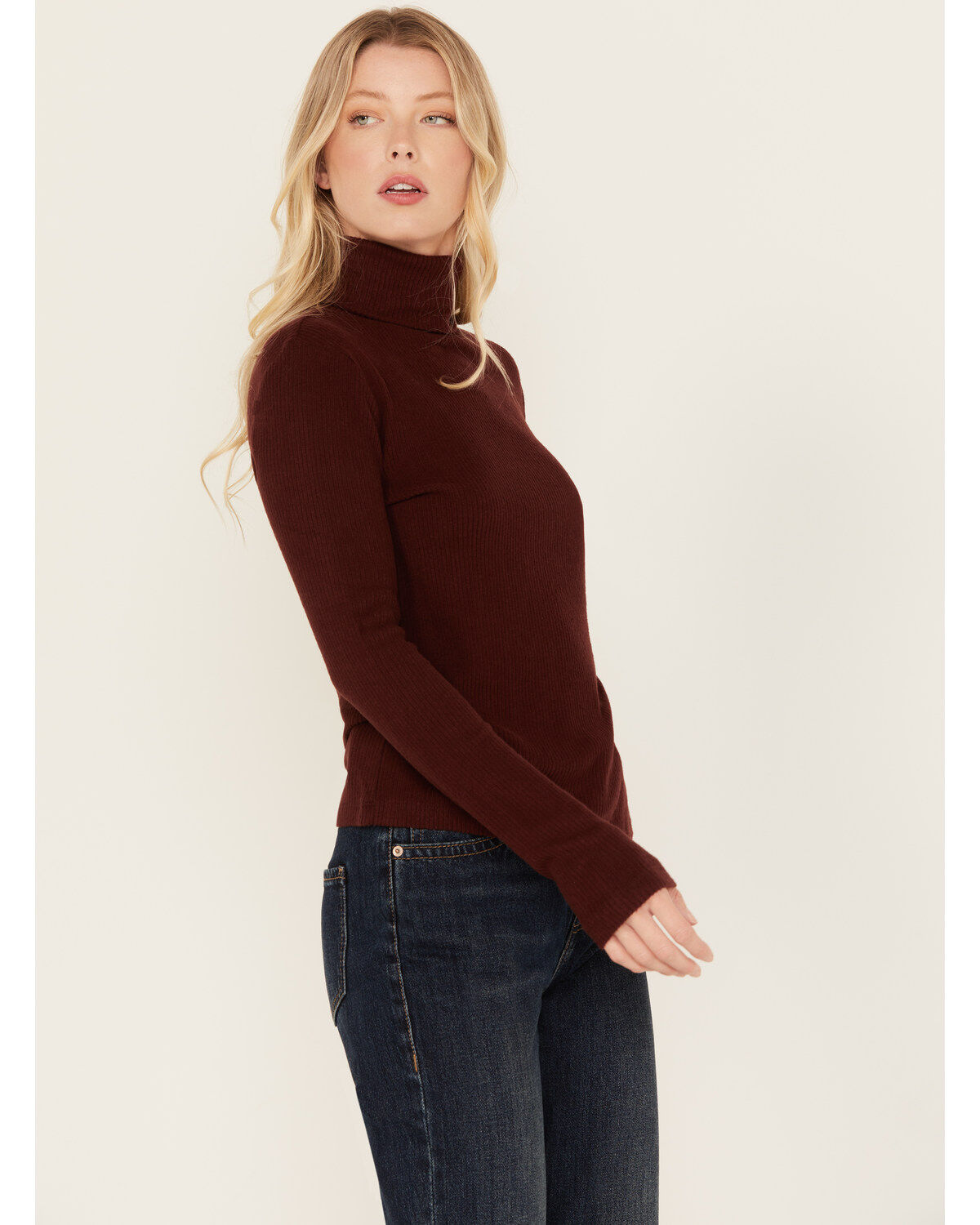 Image #2 - Miss Me Women's Long Sleeve Turtleneck Top, Wine, hi-res