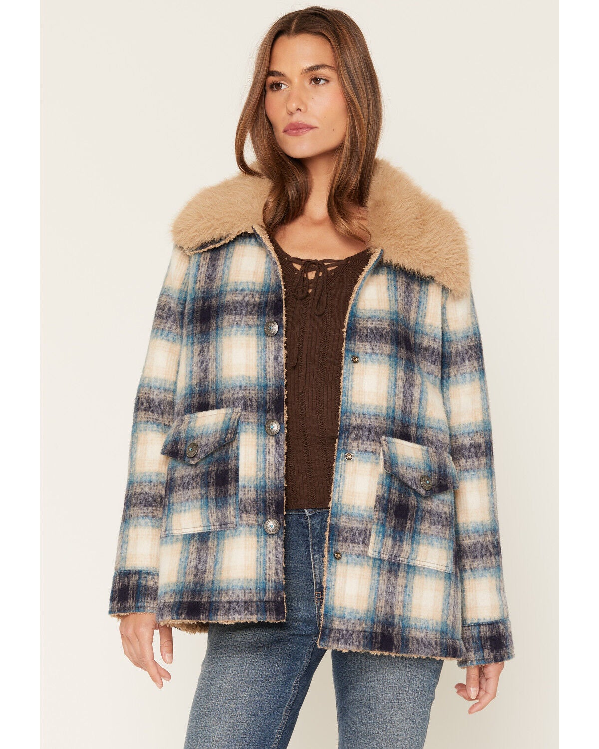 Shyanne Women's Brook Reversible Sherpa and Plaid Print Jacket, Royal Blue, hi-res