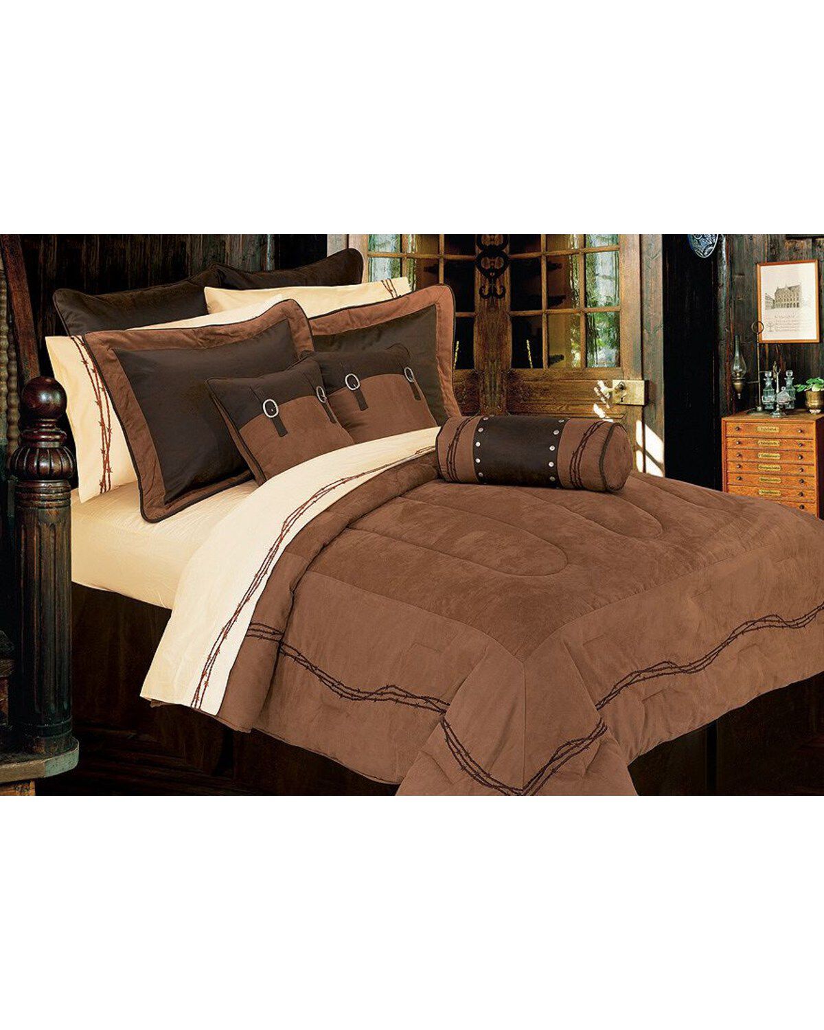 HiEnd Accents Barbed Wire Embroidery Queen Comforter Set - 7 Piece, Dark Brown, hi-res