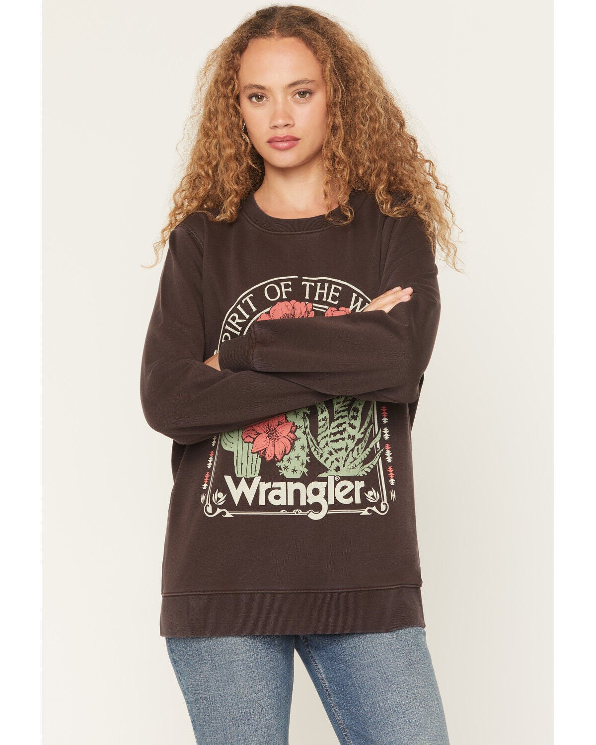 Image #1 - Wrangler Women's Cactus Graphic Crew Neck Sweatshirt, Black, hi-res