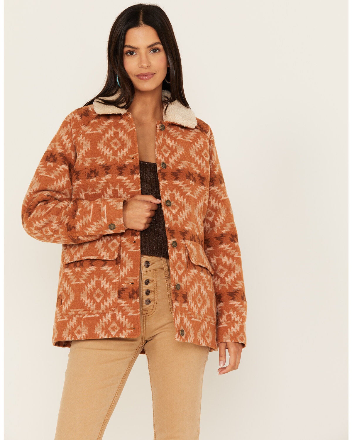 Shyanne Women's Southwestern Blanket Sherpa Lined Jacket, Caramel, hi-res