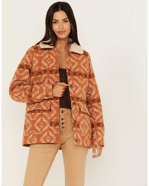 Shyanne Women's Southwestern Blanket Sherpa Lined Jacket , Caramel, hi-res