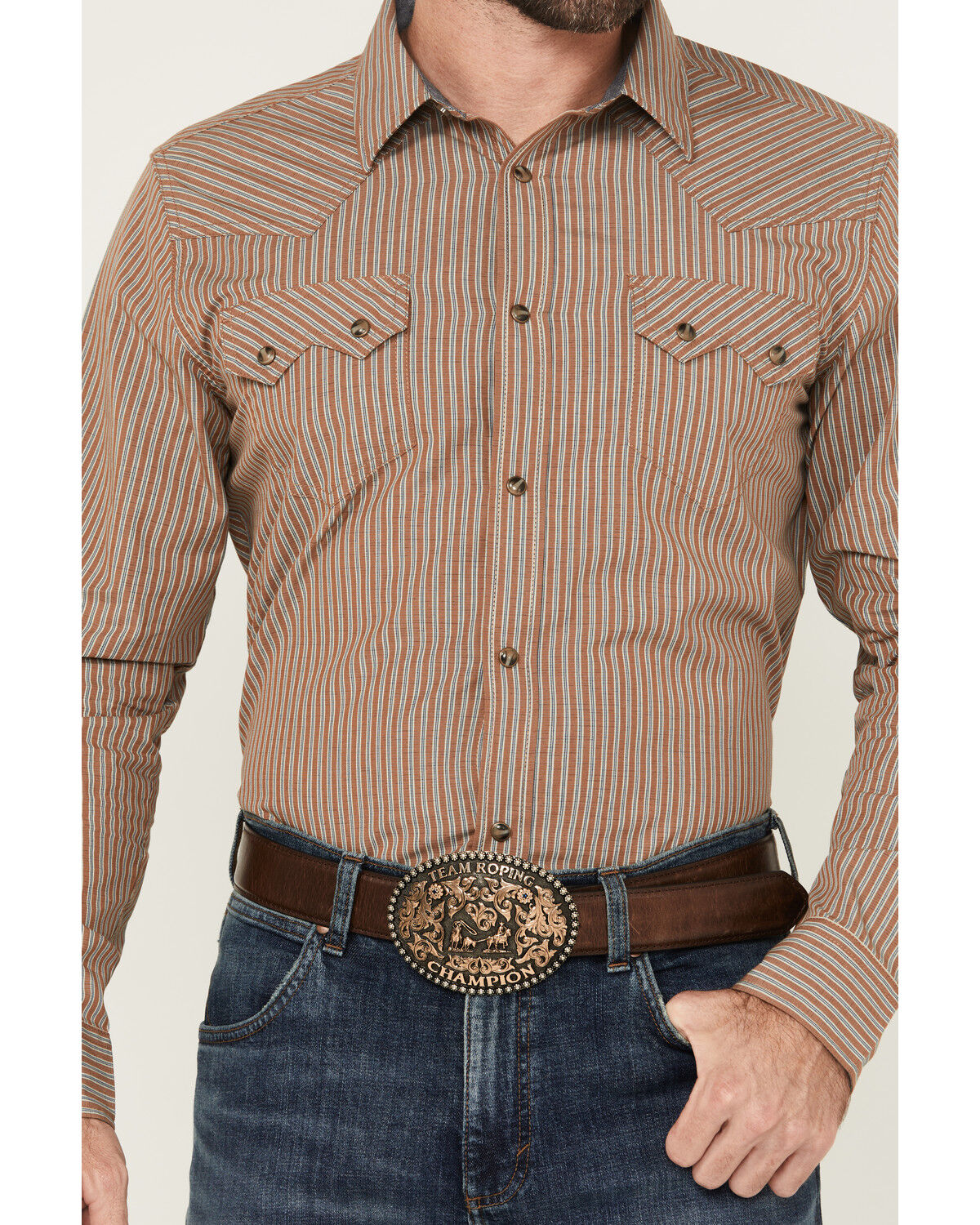 Image #3 - Cody James Men's Tanner Vertical Striped Print Long Sleeve Snap Western Shirt, Tan, hi-res