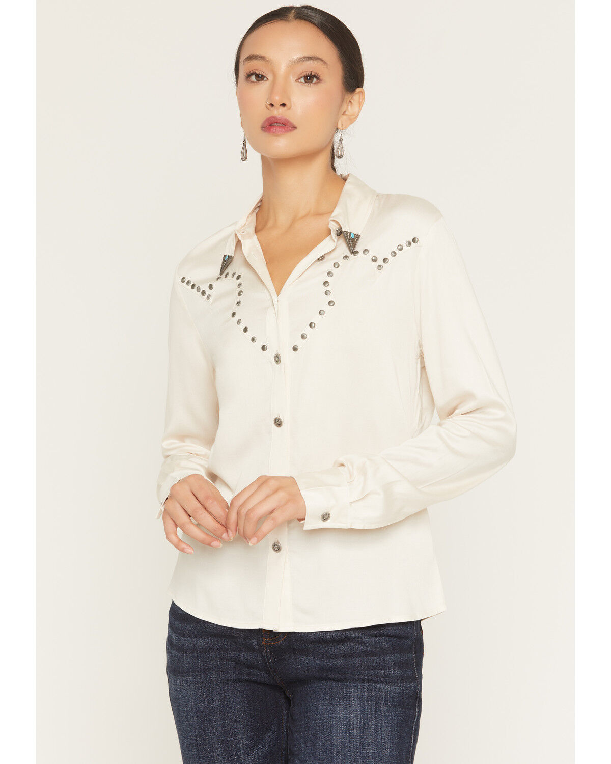 Image #1 - Idyllwind Women's Fairlawn Sateen Studded Long Sleeve Button-Down Western Shirt, Cream, hi-res
