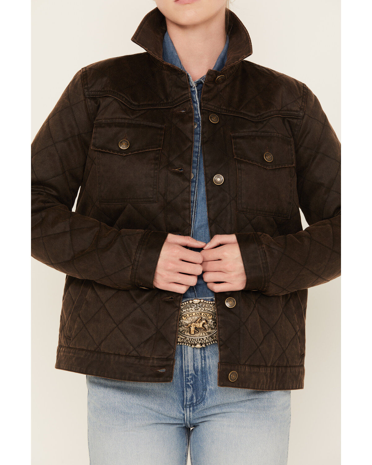 Image #3 - Shyanne Women's Quilted Faux Oil Skin Jacket, Medium Brown, hi-res