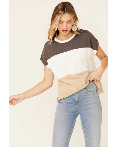 Wishlist Women's Wide Stripe Colorblock Dolman Short Sleeve Top , Charcoal, hi-res
