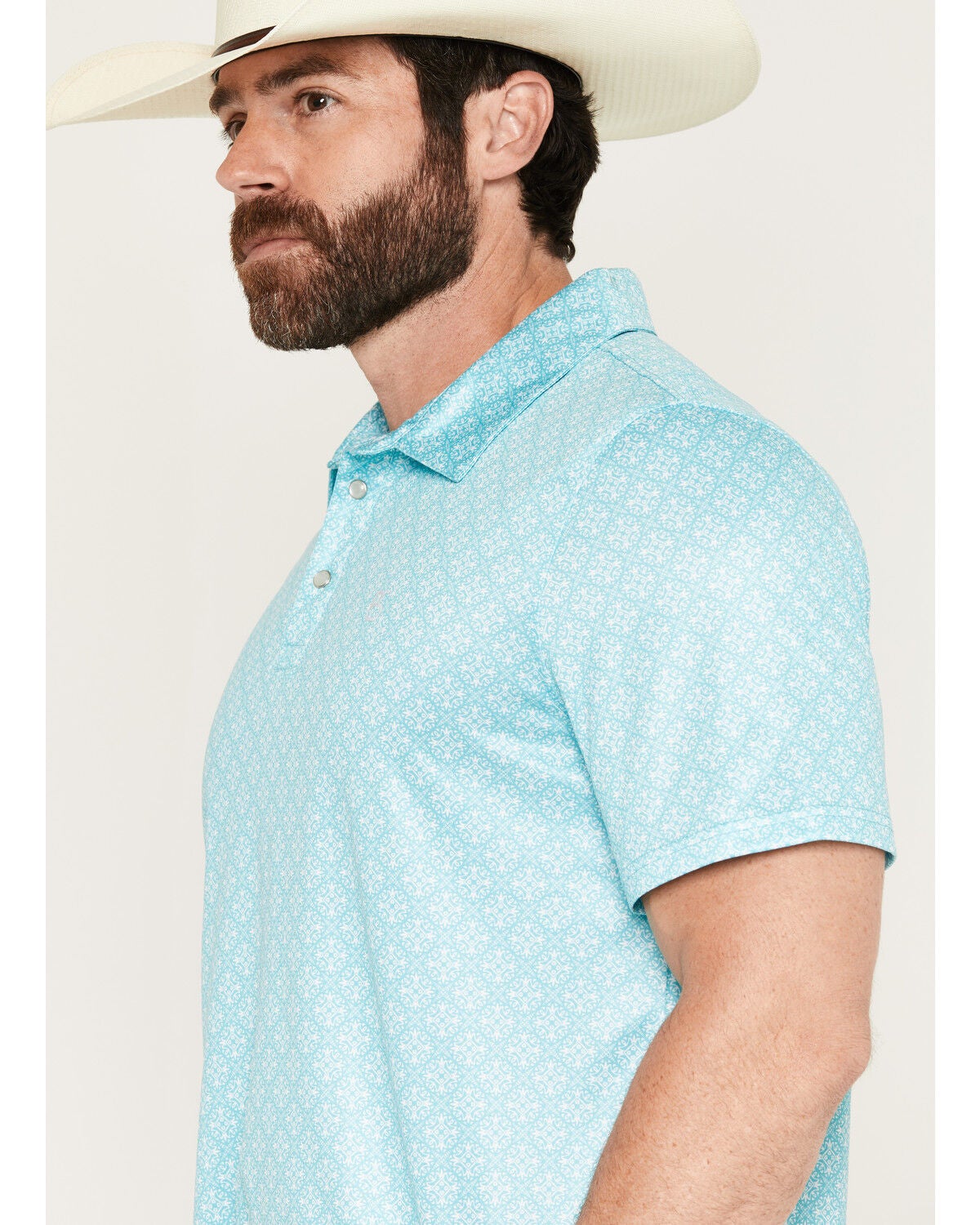 Image #2 - Panhandle Slim Men's Medallion Print Short Sleeve Pearl Snap Performance Polo, Turquoise, hi-res