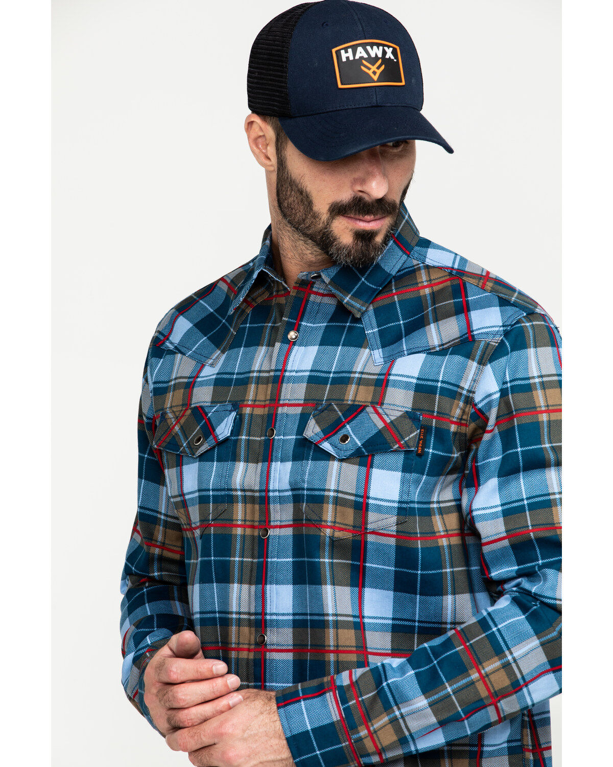 Image #5 - Cody James Men's FR Woven Plaid Print Long Sleeve Button Down Work Shirt, Light Blue, hi-res