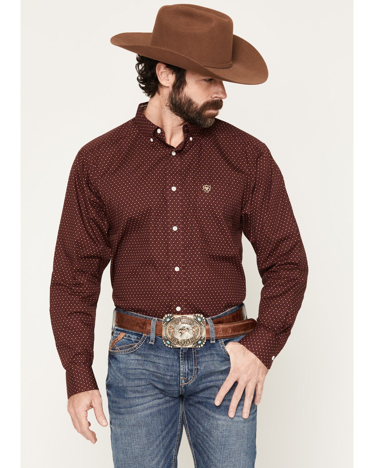 Image #1 - Ariat Men's Reliance Wrinkle Free Geo Print Long Sleeve Button-Down Western Shirt, Burgundy, hi-res