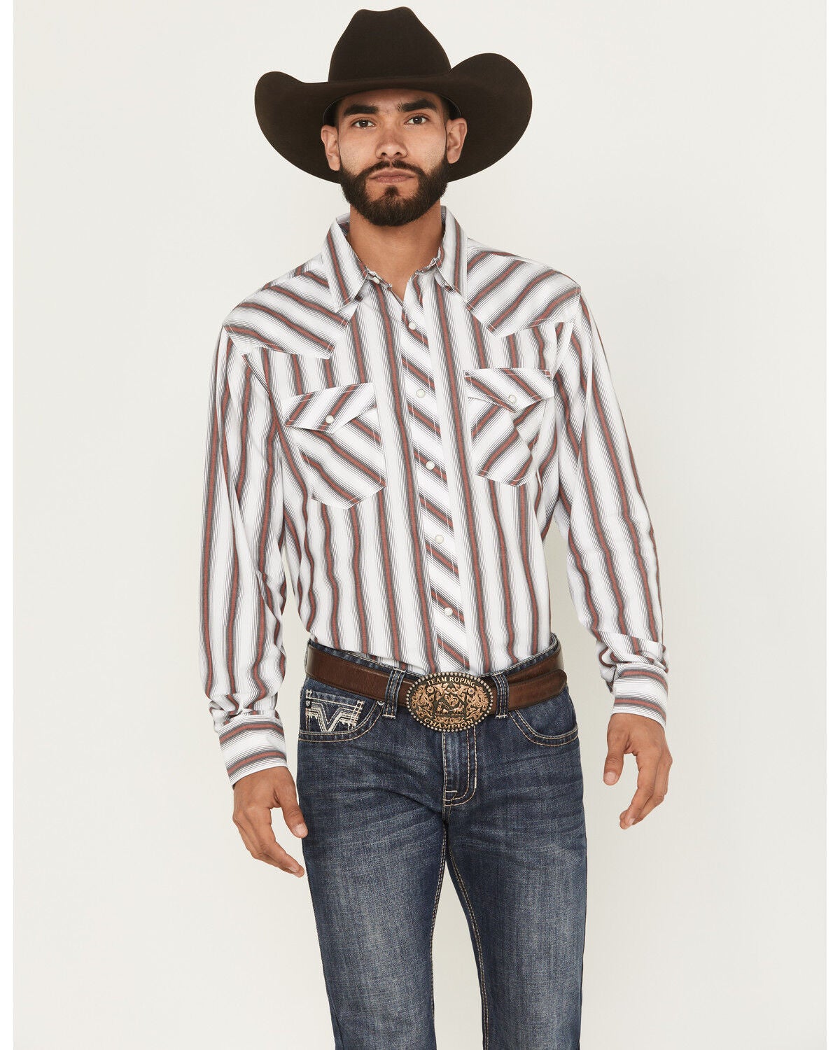 Wrangler 20X Men's Striped Print Long Sleeve Snap Stretch Western Shirt, White, hi-res