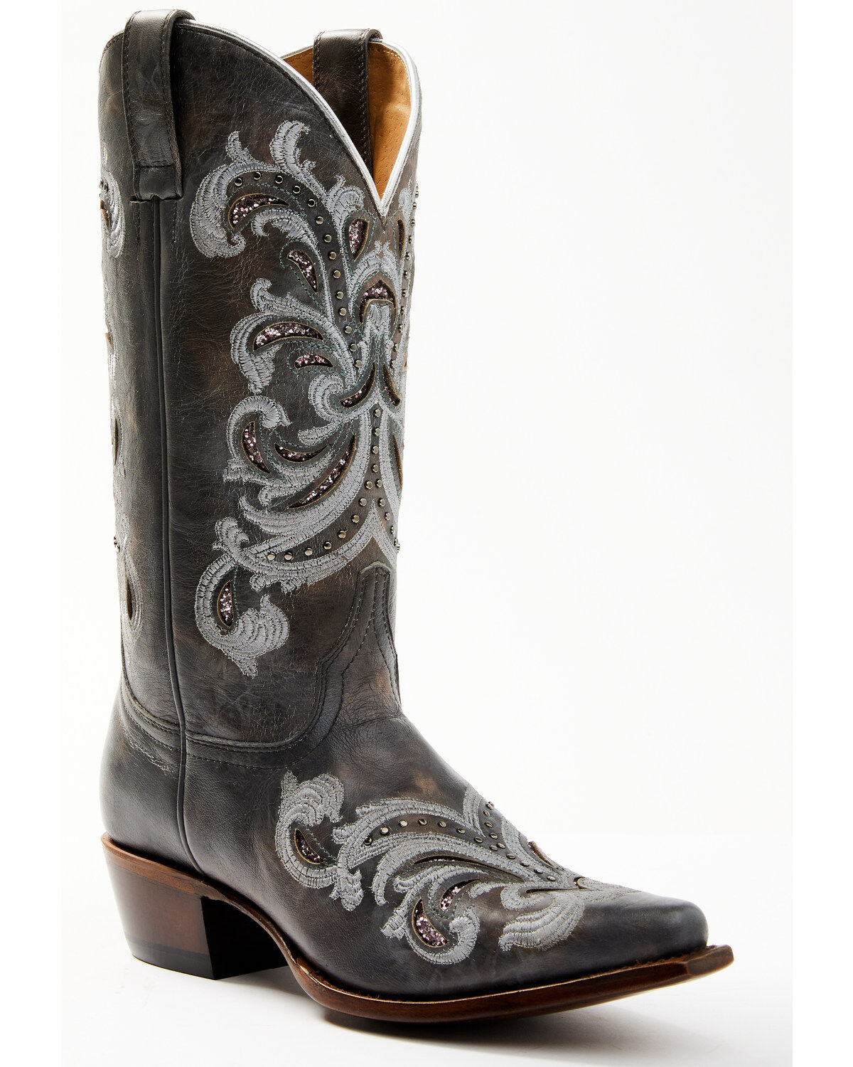 Image #1 - Shyanne Women's Iona Floral Studded Western Boots - Snip Toe, Grey, hi-res