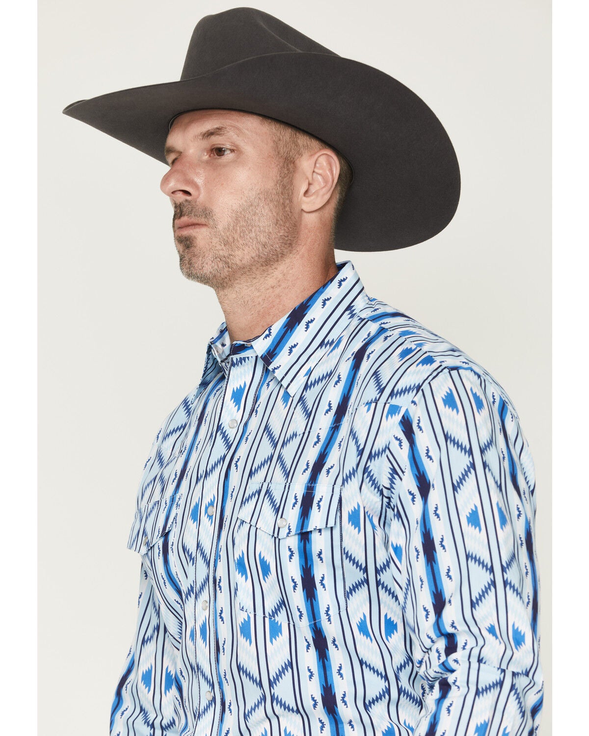 Image #2 - Wrangler Men's Checotah Southwestern Striped Long Sleeve Pearl Snap Western Shirt, Blue, hi-res