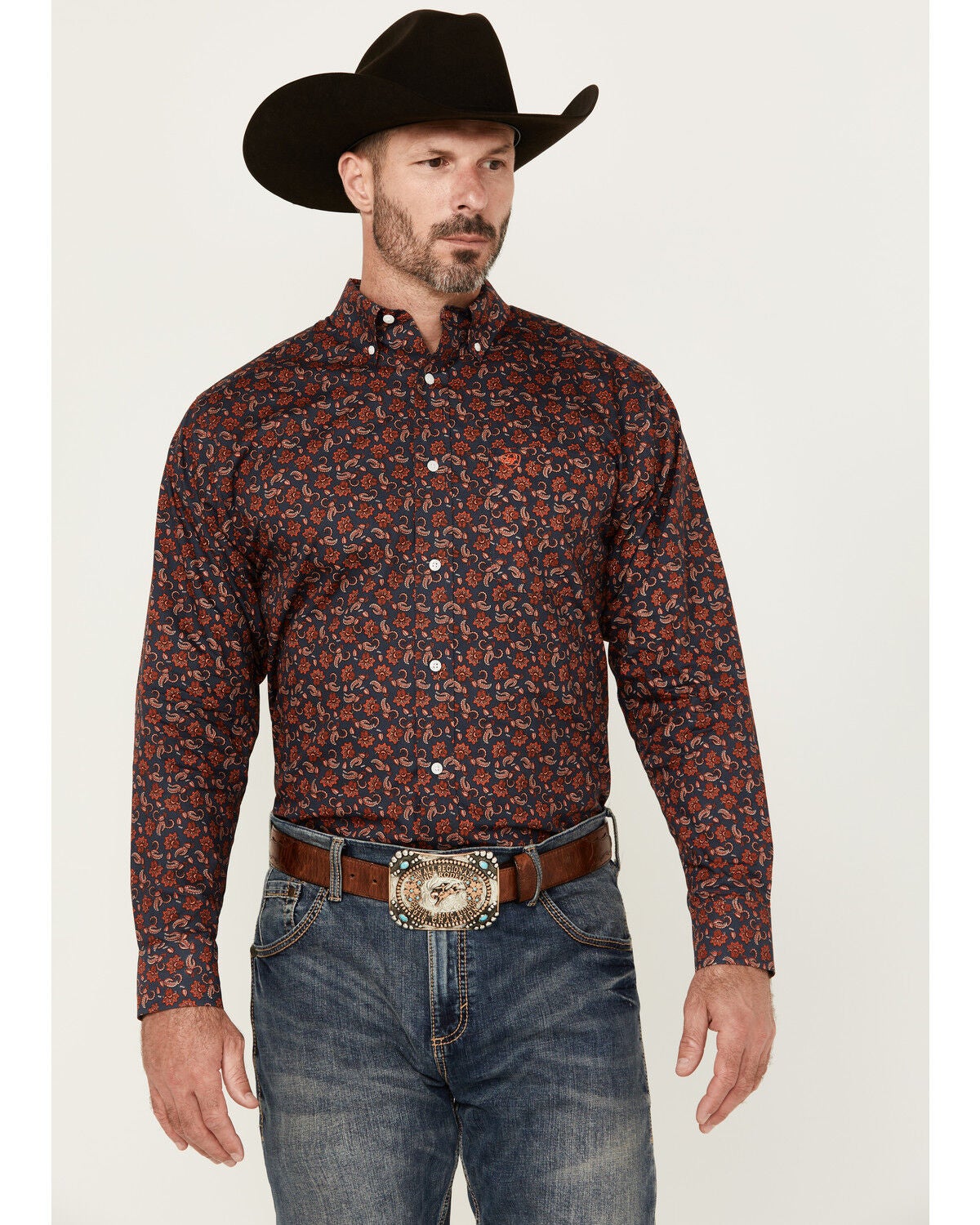 Ariat Men's Wrinkle Free Iman Paisley Print Long Sleeve Button-Down Western Shirt, Navy, hi-res