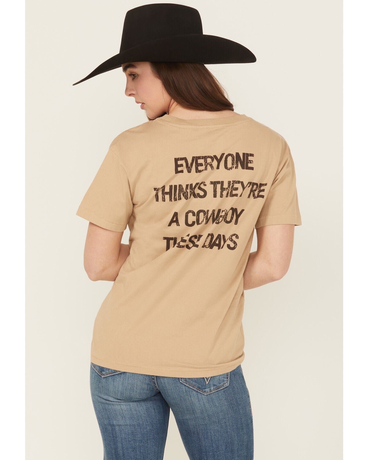 Shyanne Women's Everyone Thinks They're Cowboy Short Sleeve Graphic Tee, Khaki, hi-res