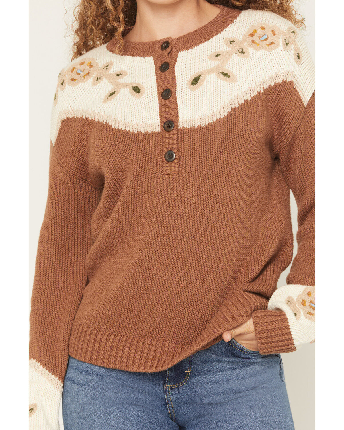 Image #3 - Pendleton Women's Floral Henley Sweater, Brown, hi-res