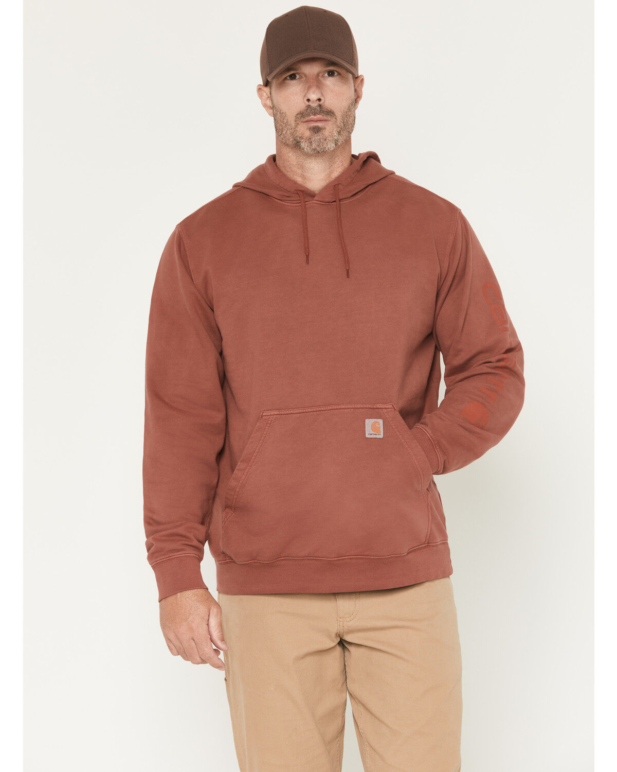 Image #1 - Carhartt Men's Re-Engineered Relaxed Fit Midweight Garment Dyed French Terry Graphic Hooded Sweatshirt, Dark Red, hi-res