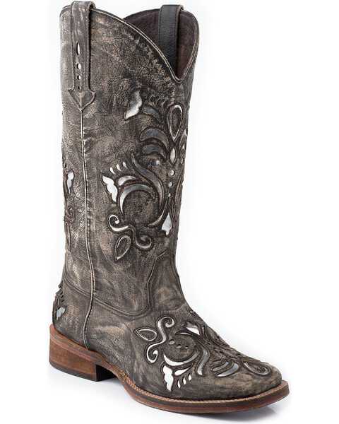 Roper Fancy Silver Inlay Cowgirl Boots - Square Toe, Brown, hi-res