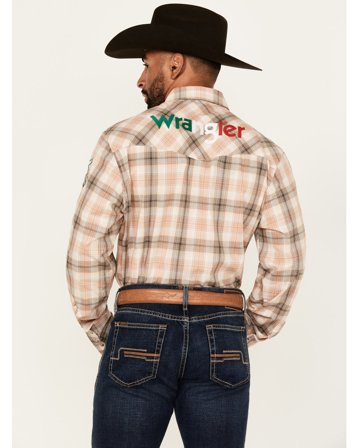 Image #4 - Wrangler Men's Mexico Logo Plaid Print Long Sleeve Snap Western Shirt, Tan, hi-res