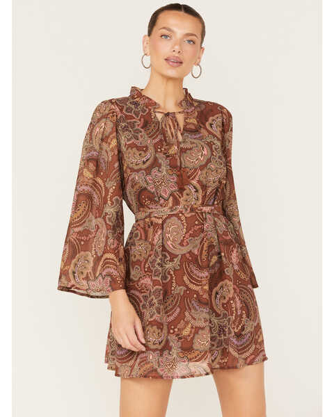 Flying Tomato Women's Paisley Floral Print Dress, Rust Copper, hi-res