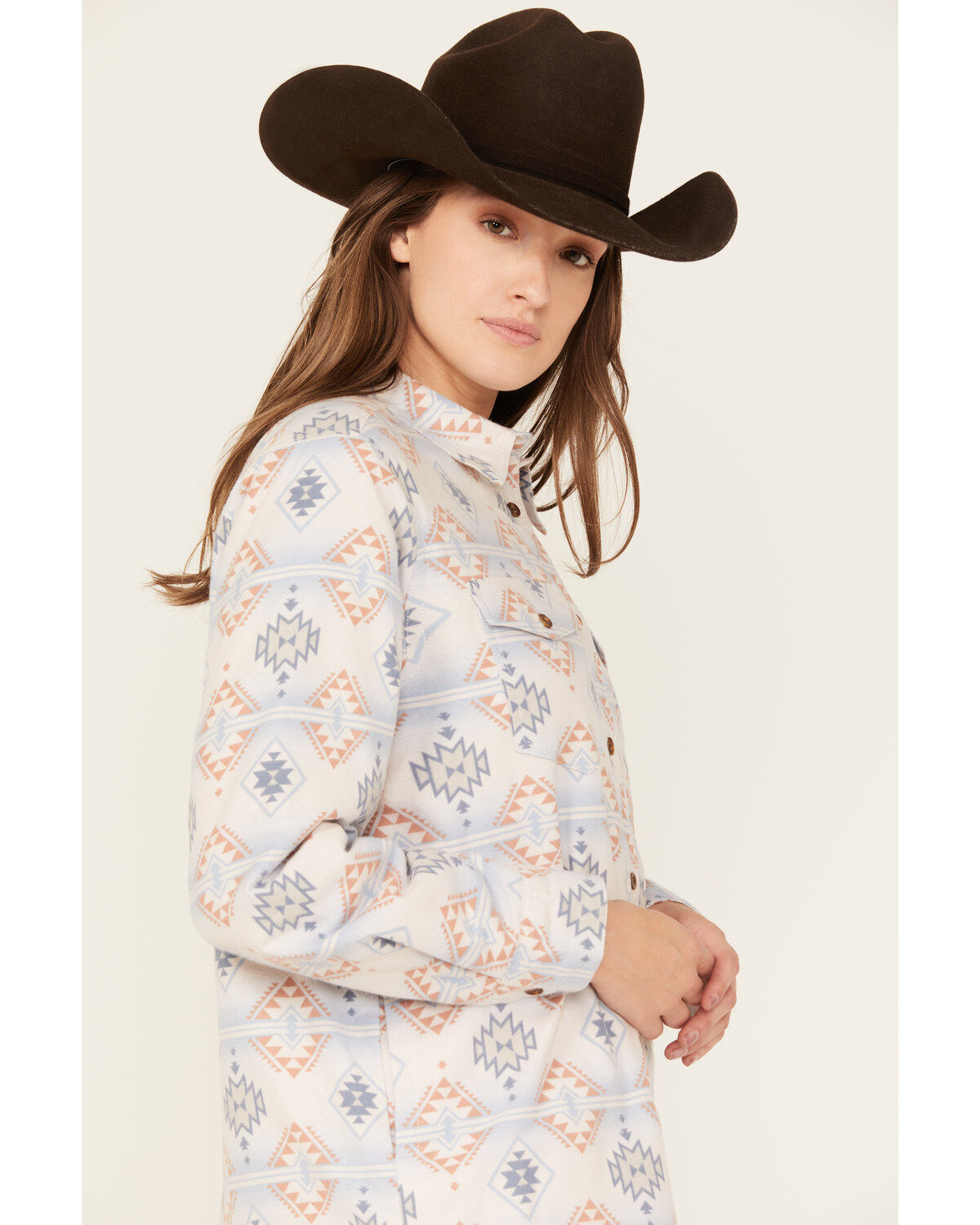 Image #2 - Ely Walker Women's Southwestern Print Sherpa Lined Flannel, Grey, hi-res