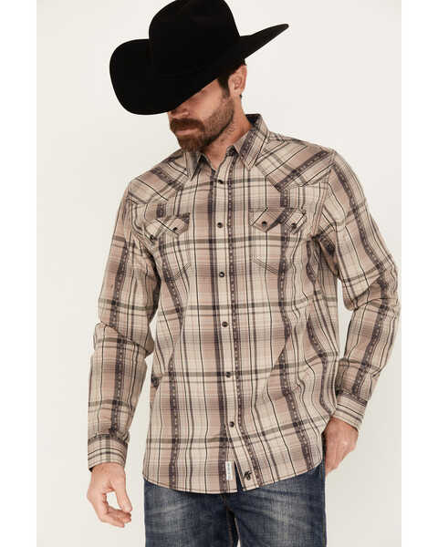 Moonshine Spirit Men's Load Plaid Print Long Sleeve Snap Western Shirt, Tan, hi-res