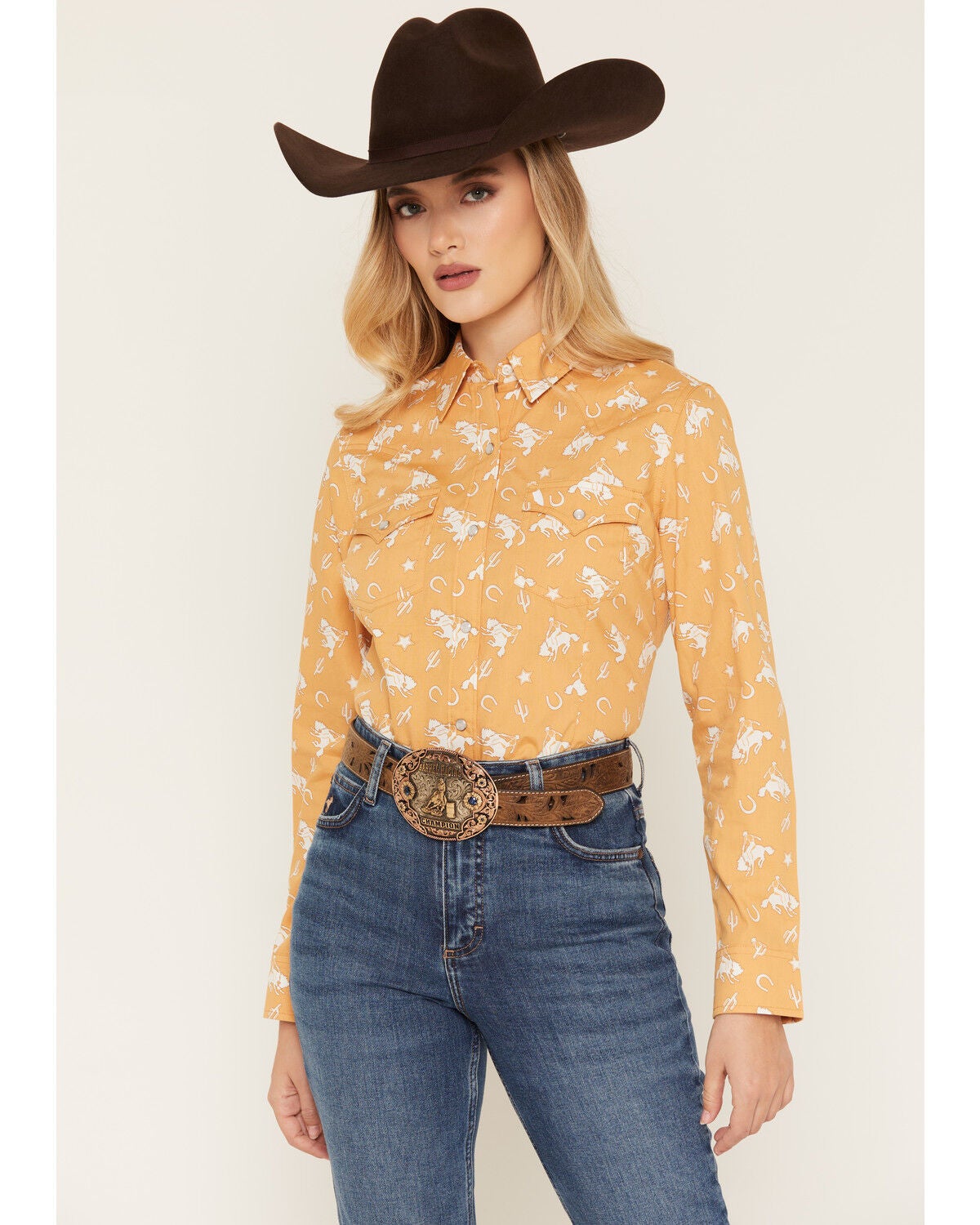 Image #1 - Wrangler Retro Women's Boot Barn Exclusive Rider Long Sleeve Snap Western Shirt, Mustard, hi-res