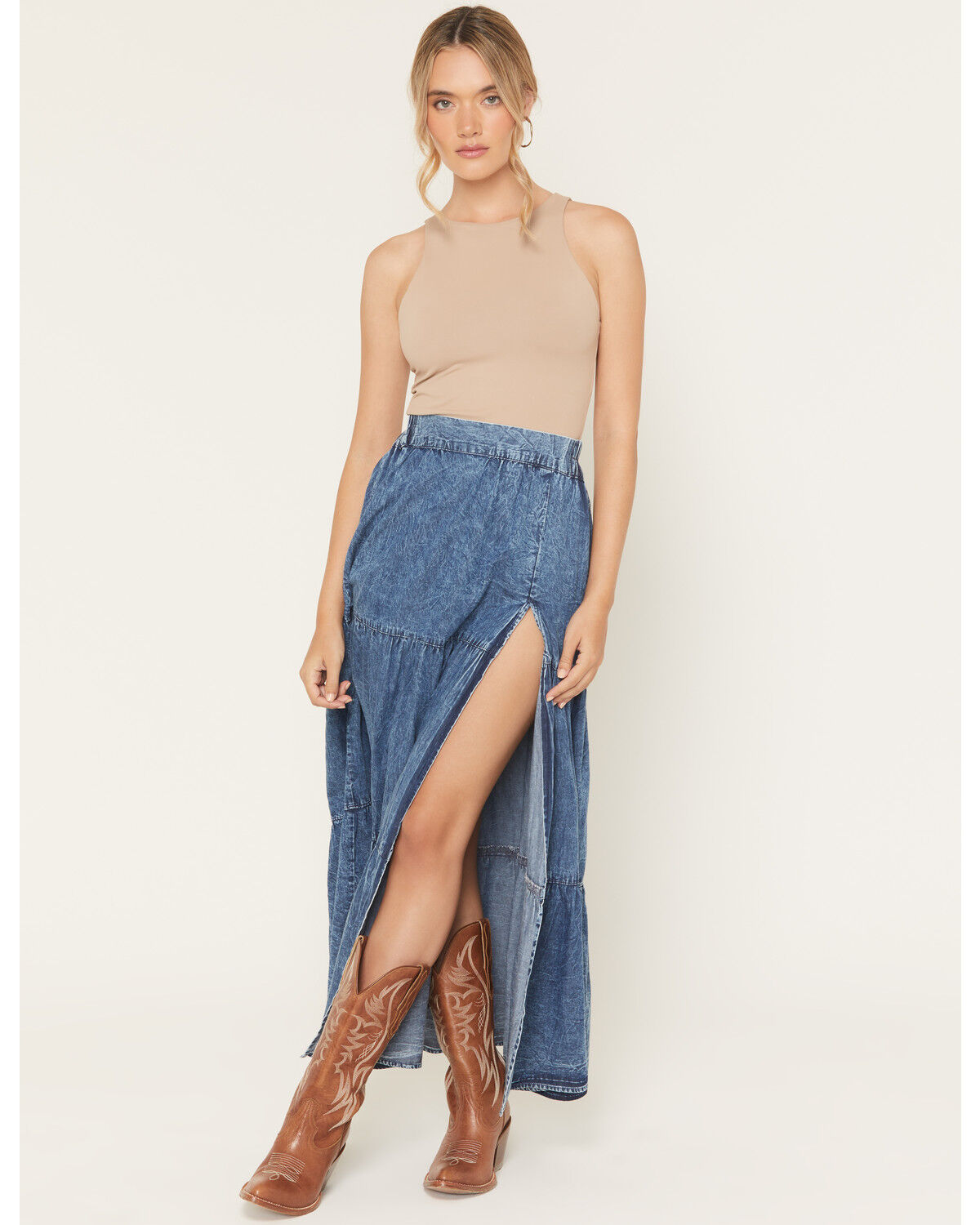 Image #1 - Angie Women's Acid Washed Split Maxi Skirt, Dark Wash, hi-res