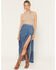 Image #1 - Angie Women's Acid Washed Split Maxi Skirt, Dark Wash, hi-res