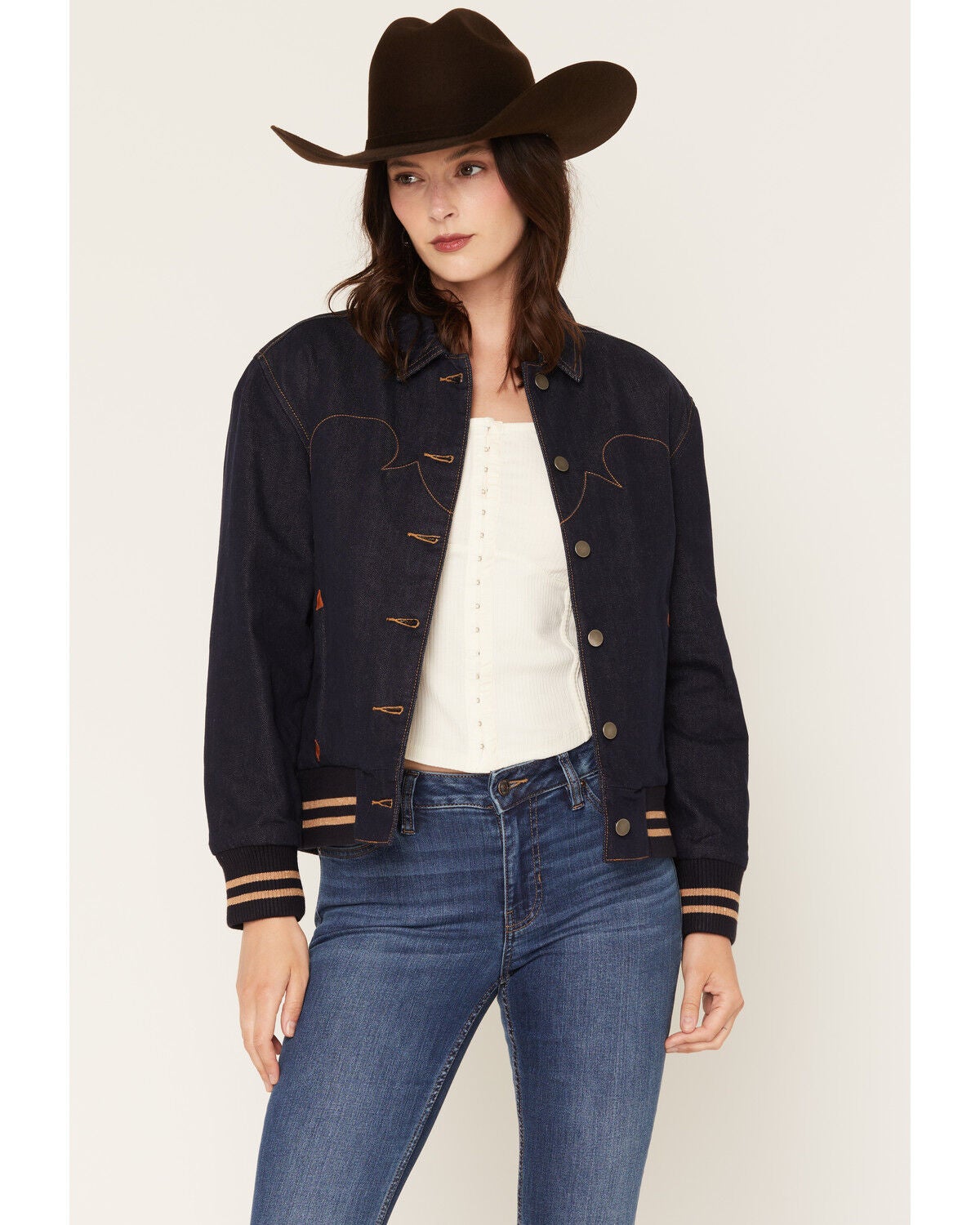 Rock & Roll Denim Women's Dark Wash Bomber Jacket, Dark Wash, hi-res