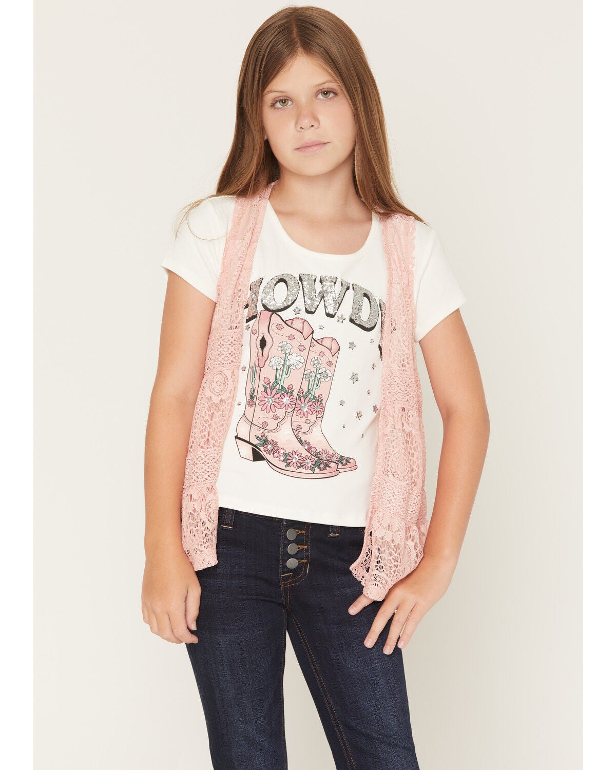 Self Esteem Girls' Howdy Cowboy Boot Embellished Short Sleeve Graphic Tee and Vest, Pink, hi-res