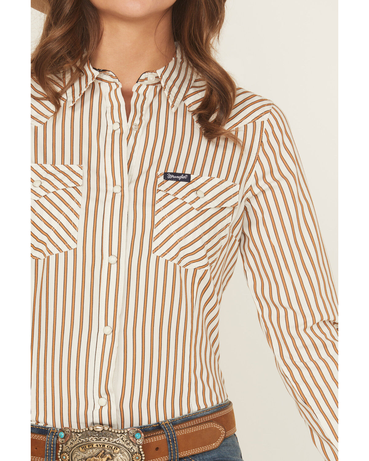 Image #3 - Wrangler Retro Women's Vertical Striped Long Sleeve Snap Western Shirt, Brown, hi-res