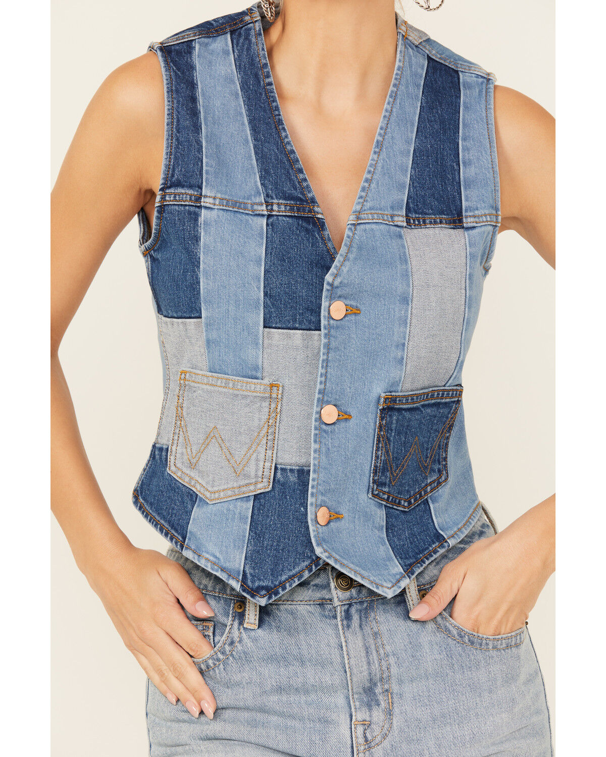 Image #4 - Wrangler x Lainey Wilson Women's Patchwork Denim Vest, Blue, hi-res