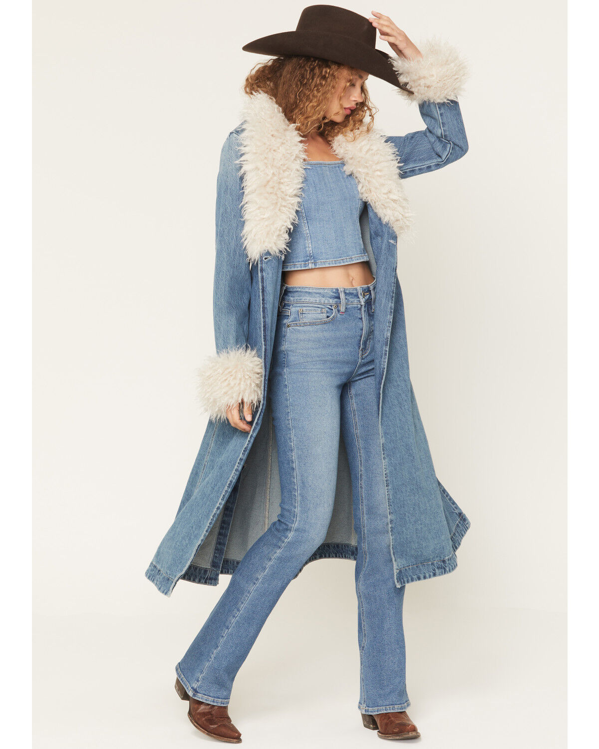Image #2 - Idyllwind Women's Thistle Long Denim Fur Collar Trench Coat, Dark Wash, hi-res