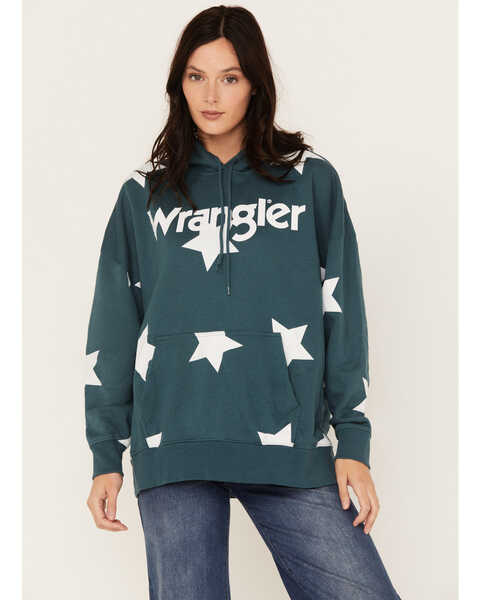 Wrangler Retro Women's Starry Logo Hoodie, Teal, hi-res